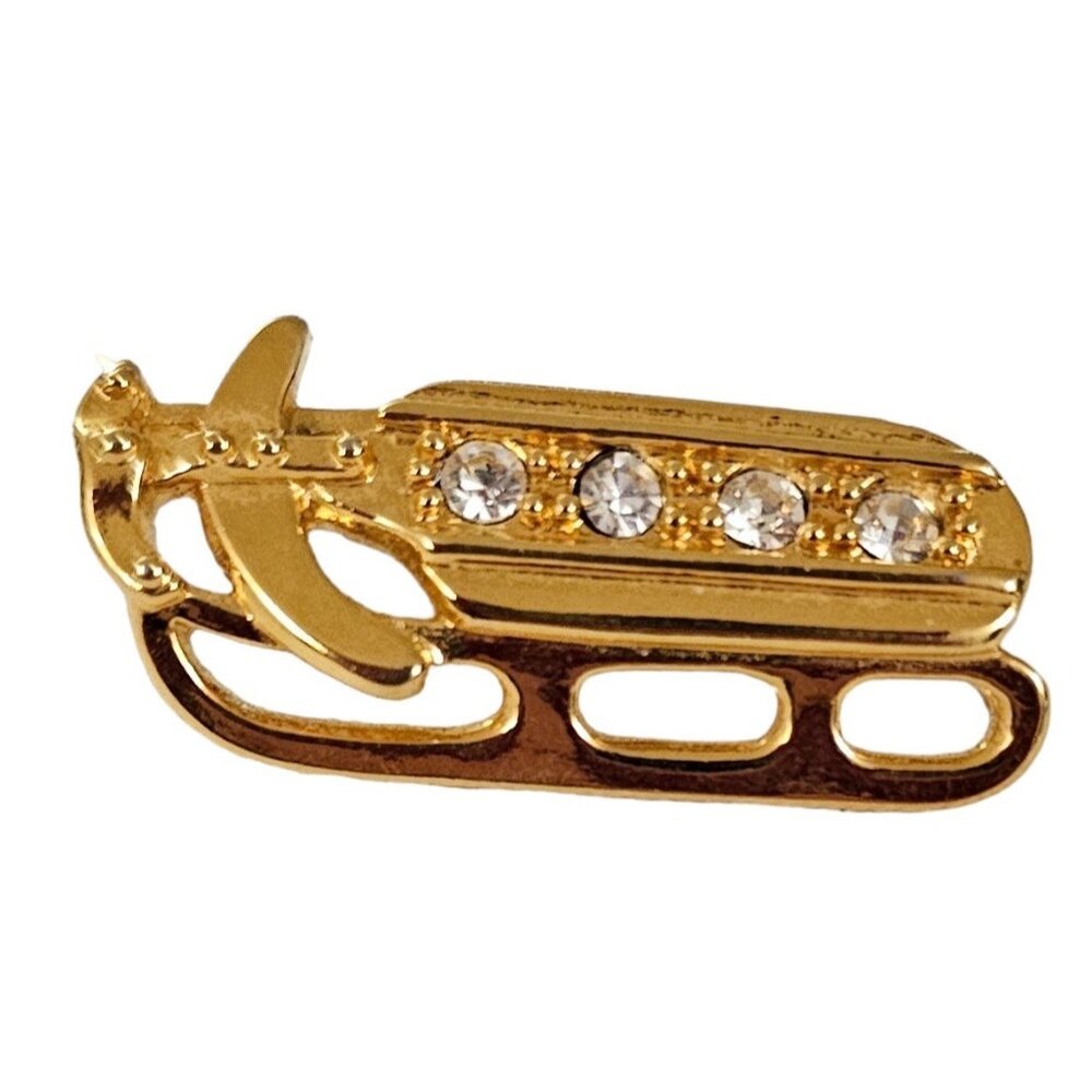 Gold Tone Clear Rhinestone Snow Ski Sled Lapel Pin K270